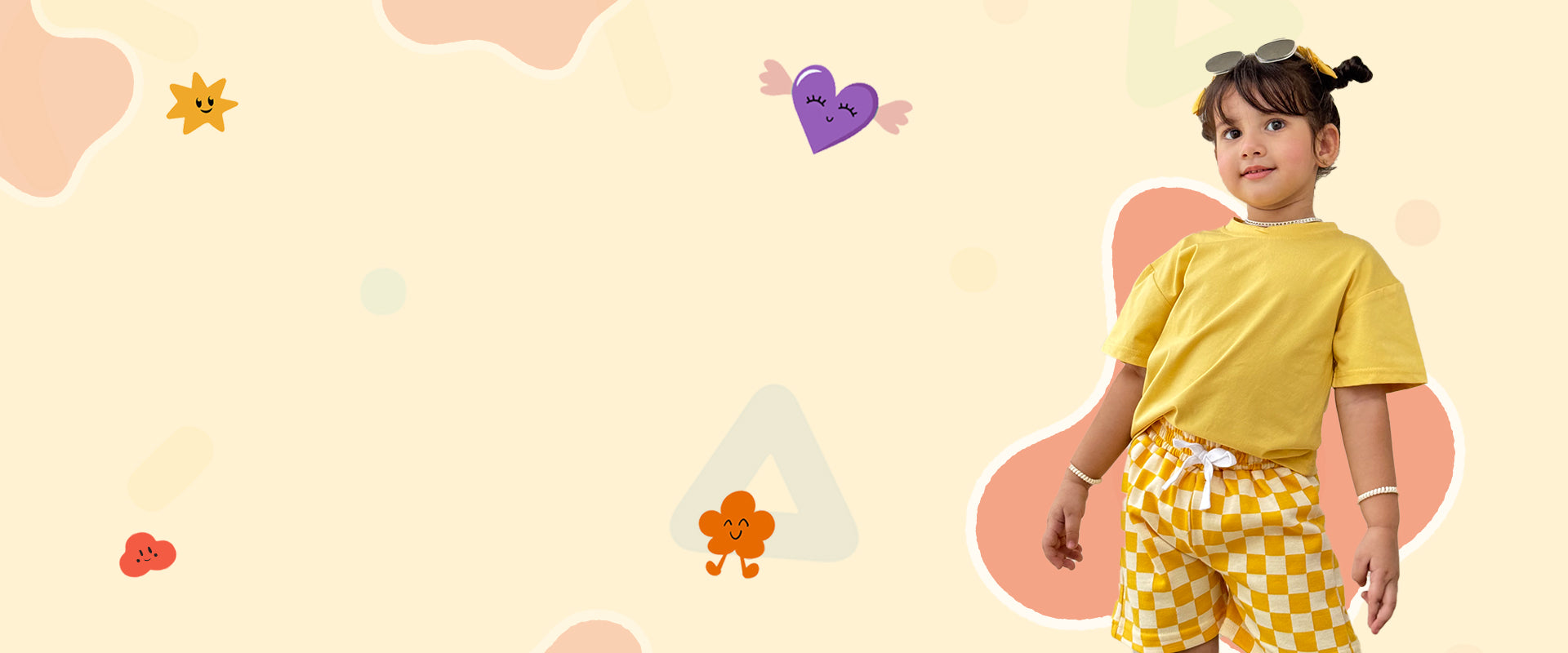 Child wearing a yellow shirt and checkered shorts on a colorful abstract background