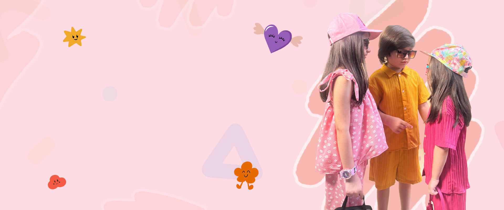 Three children in colorful outfits standing against a pink background with decorative elements.