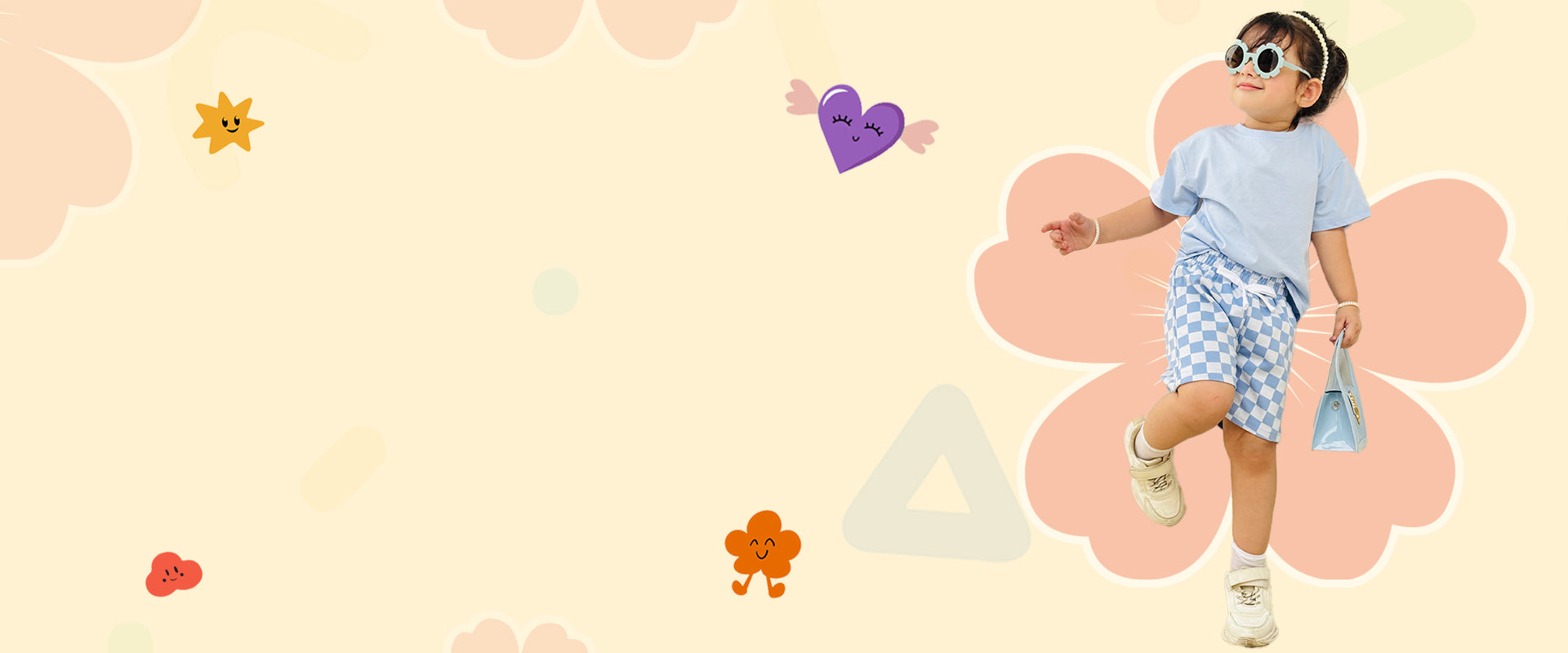 Child in a light blue shirt and checkered shorts standing on a pink floral background with colorful shapes.