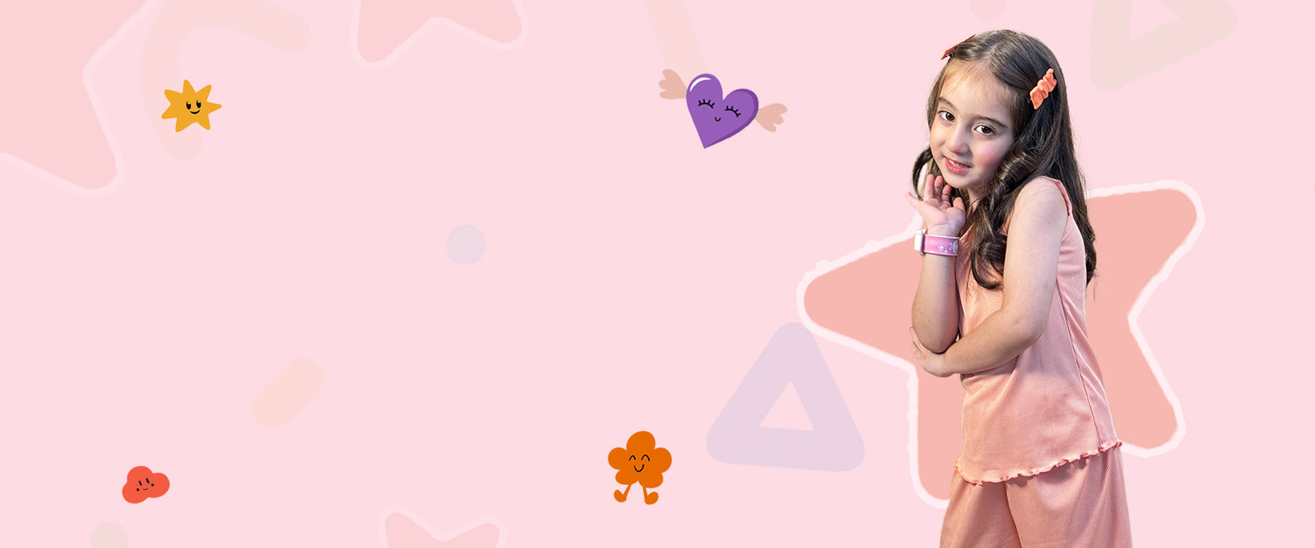 Young girl in a pink outfit with colorful shapes on a pink background