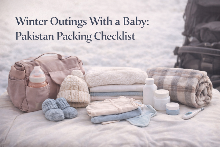 Winter baby outing essentials in Pakistan including diaper bag, warm blankets, baby clothes, socks, hat, and skincare items arranged for a packing checklist.