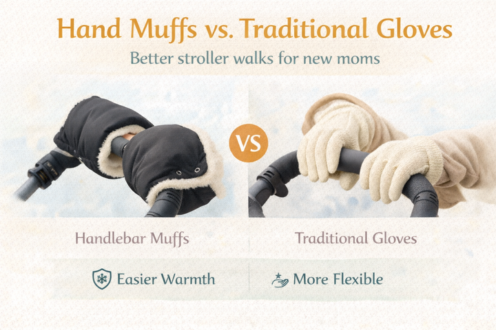 Comparison image showing handlebar-attached hand muffs and traditional gloves on a stroller handle, illustrating warmer and easier winter hand protection for new moms.