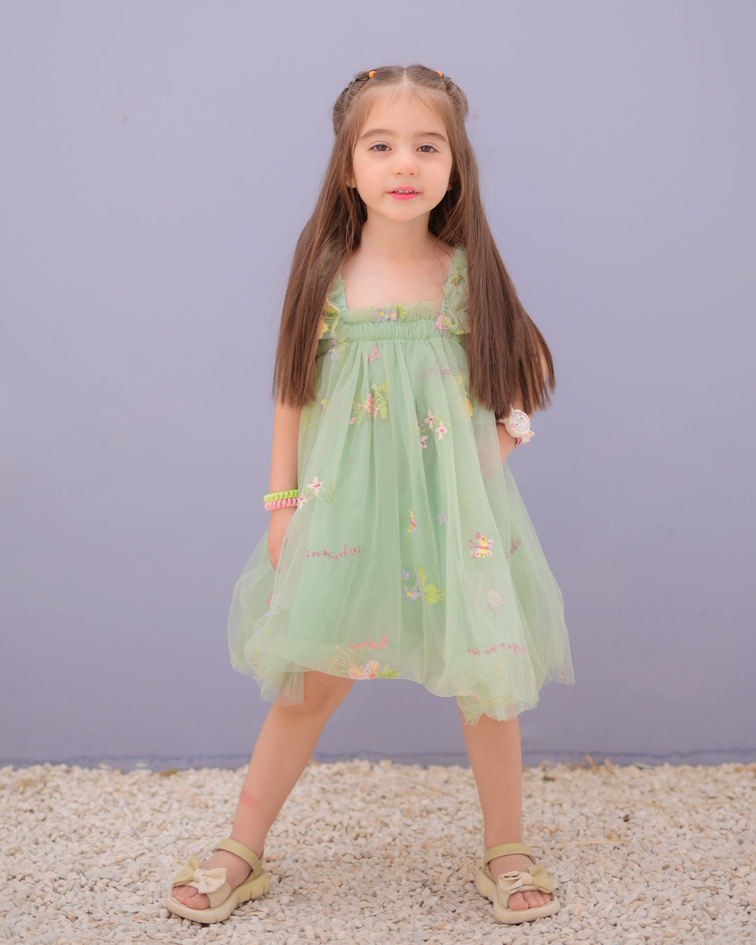 Flower Embroidered Mesh Dress for Girls