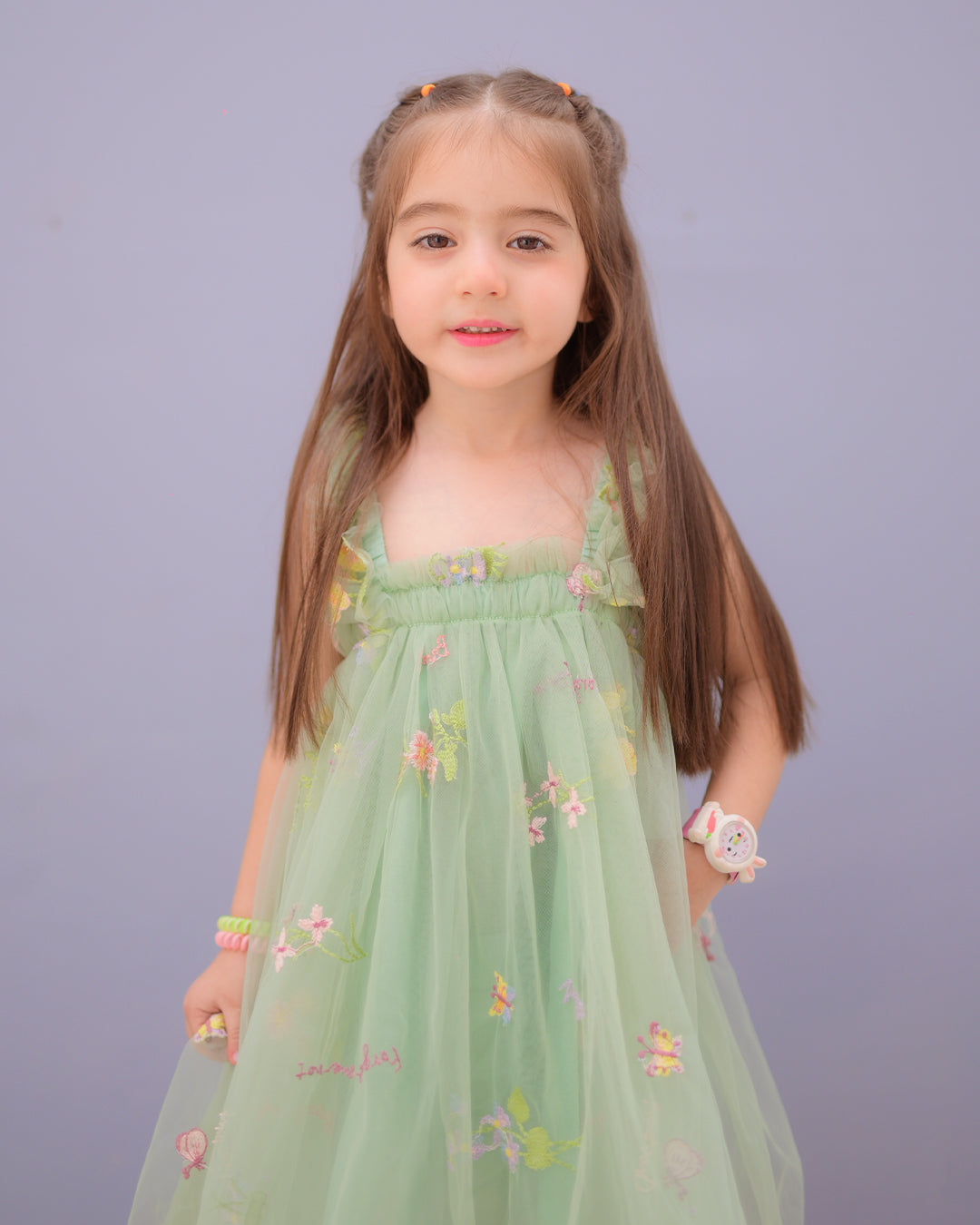 Flower Embroidered Mesh Dress for Girls