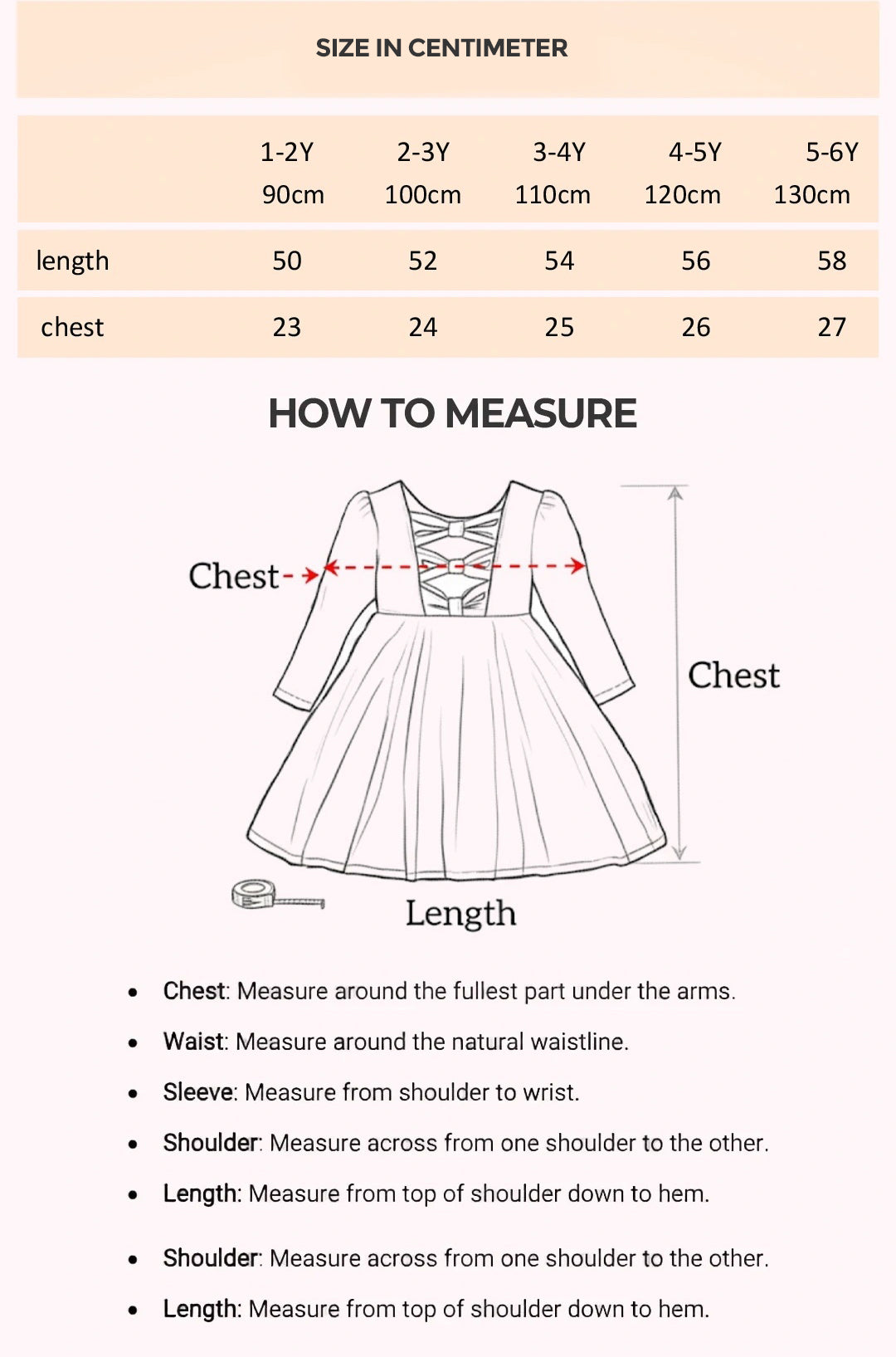 Size Chart for Amara Dusty Pink Party Dress