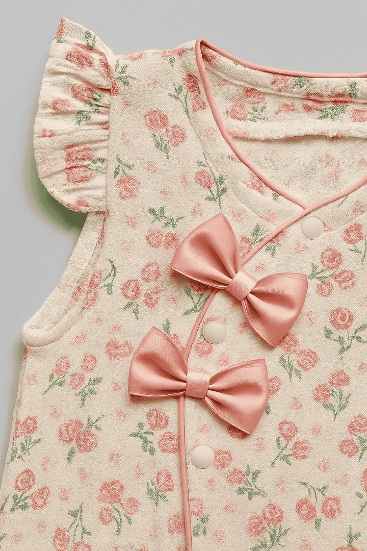 Floral dress with pink bows on a light gray background
