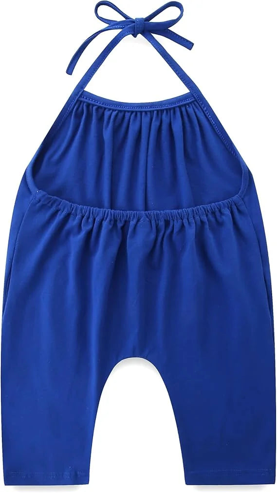 Blue halter romper with a bow on a white background