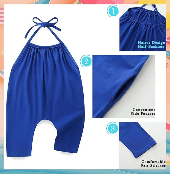 Blue halter-style romper with side pockets and comfortable fit, shown on a colorful background.