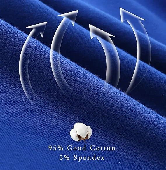 Blue fabric with cotton and spandex fibers and text indicating material composition.