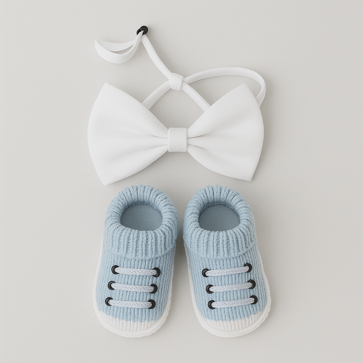 A set of baby booties in blue with a shoe lace design and a white contrast bow tie.