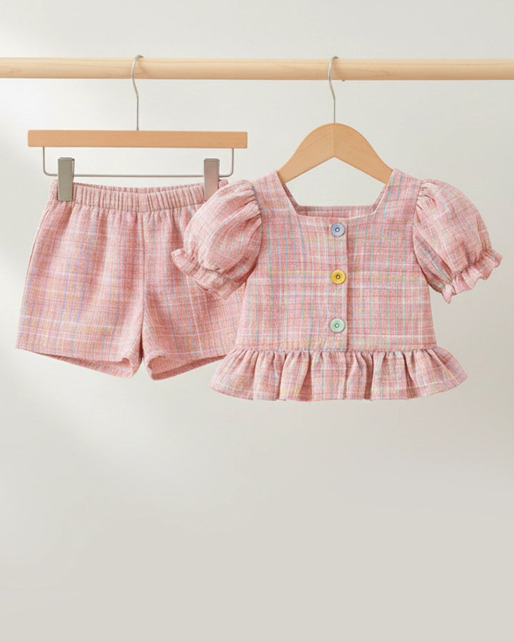 Cotton Puff Sleeve Top & Ruffle Shorts Set