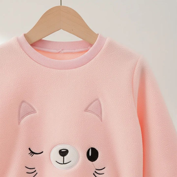 Pink sweater with cat face design on a hanger against a light background