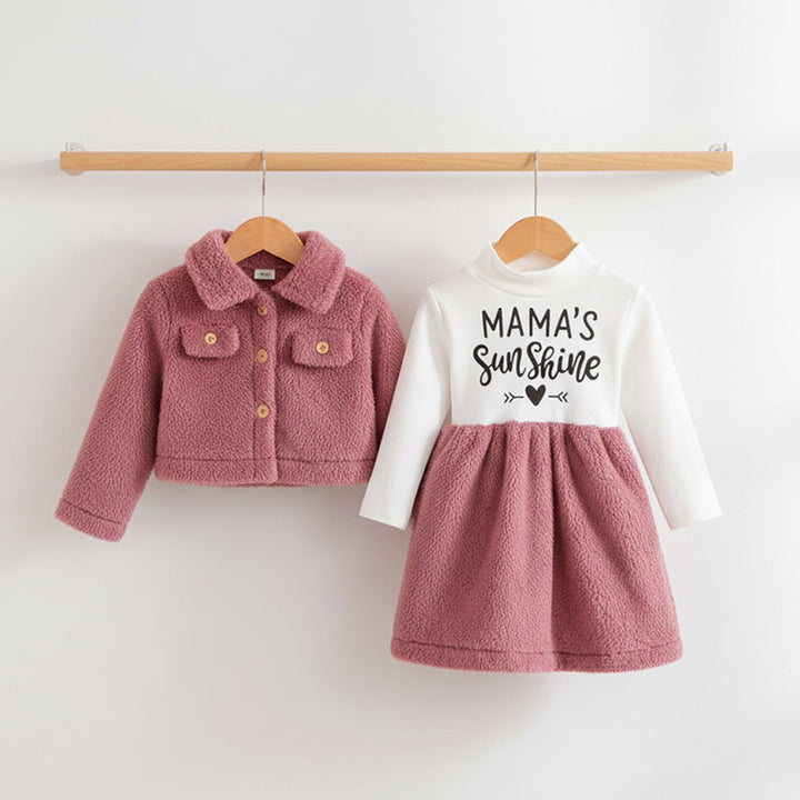 Pink jacket and dress set with 'Mama's Sunshine' text on a white background