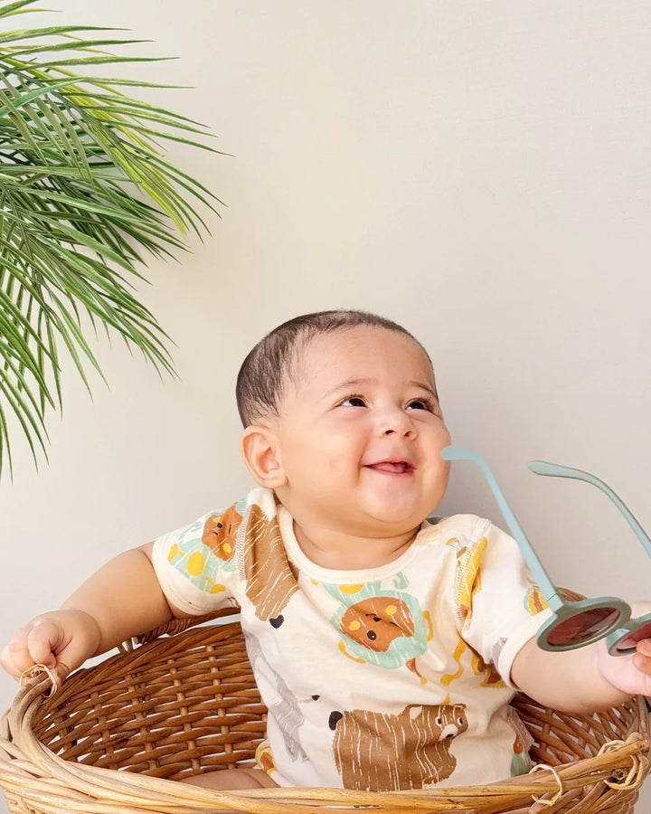 Baby sitting in a wicker basket with a plant in the background