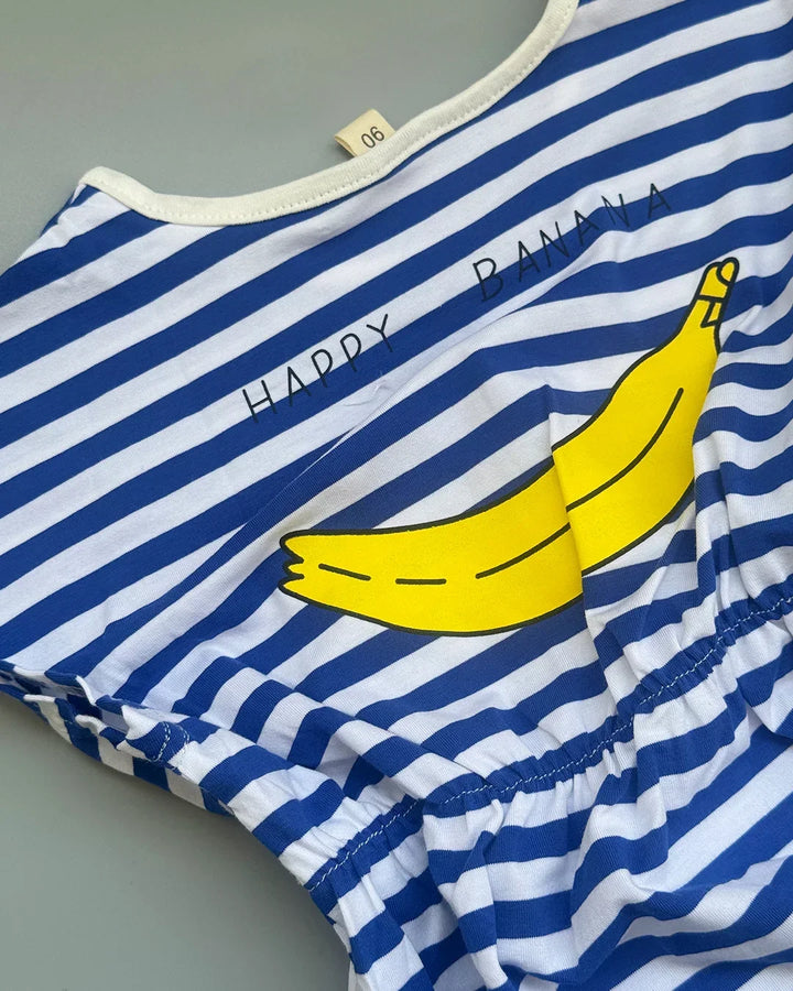 Blue and white striped garment with a yellow banana graphic and text on a gray background