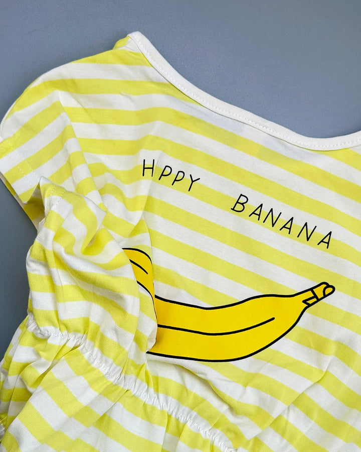 Yellow and white striped shirt with 'Happy Banana' text and banana graphic on a gray background