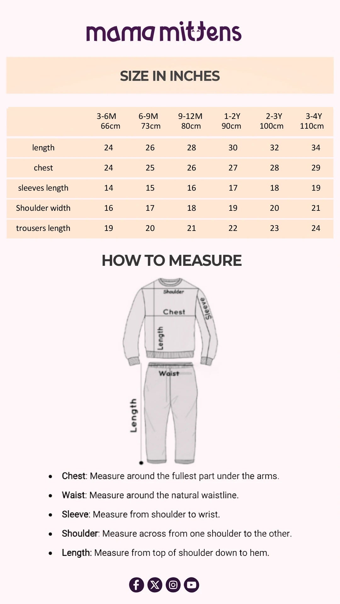 Size Chart for Cotton Puff Sleeve Top & Ruffle Shorts Set