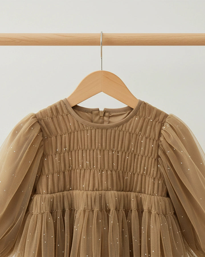 Brown Puff Sleeve Smock Dress