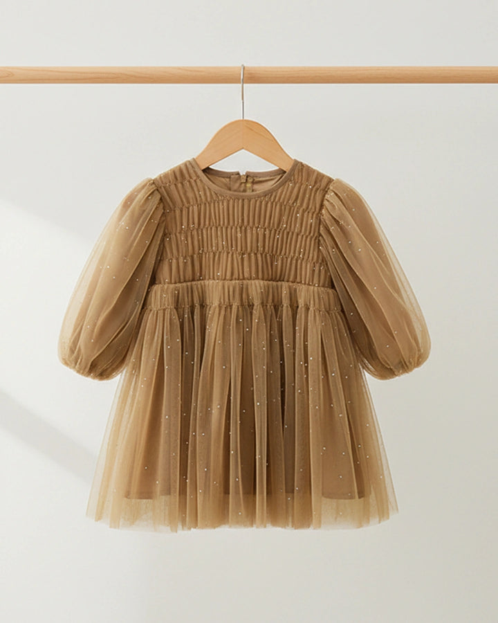Brown Puff Sleeve Smock Dress