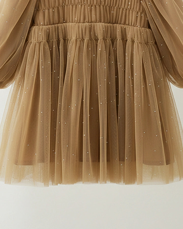 Brown Puff Sleeve Smock Dress