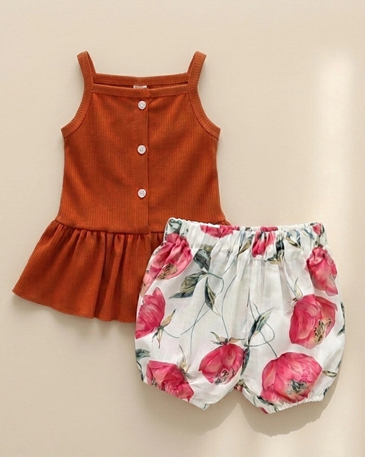 Peplum Button Top & Floral Shorts Set
