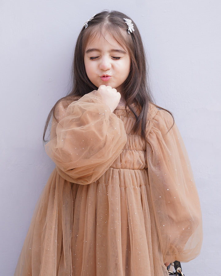 Brown Puff Sleeve Smock Dress