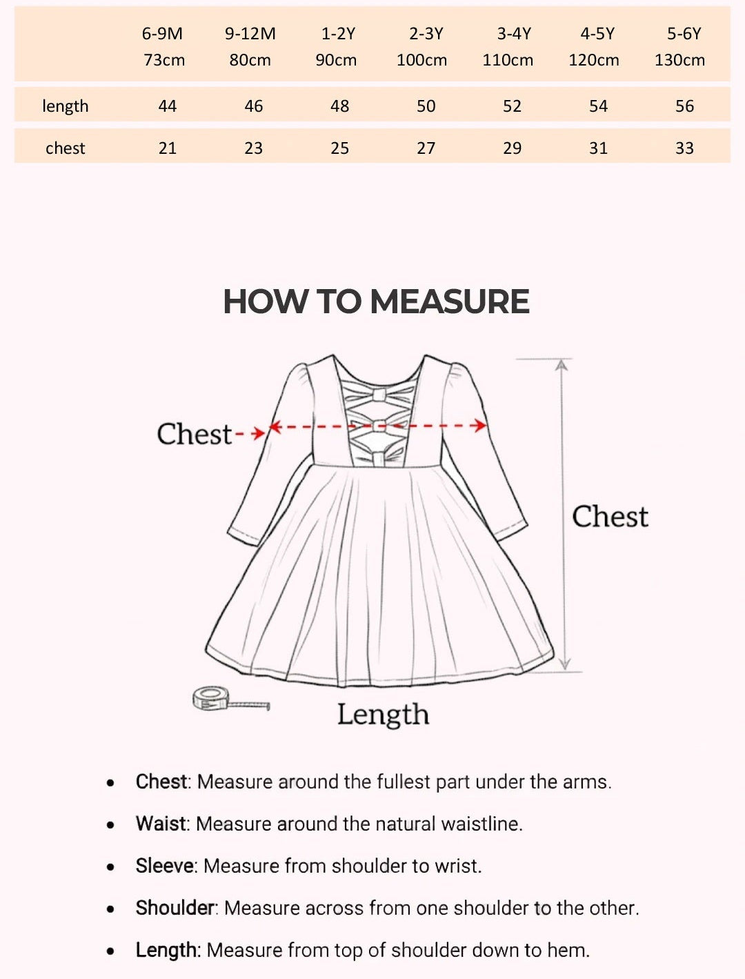 Size Chart for Pink Rainbow Tutu Dress