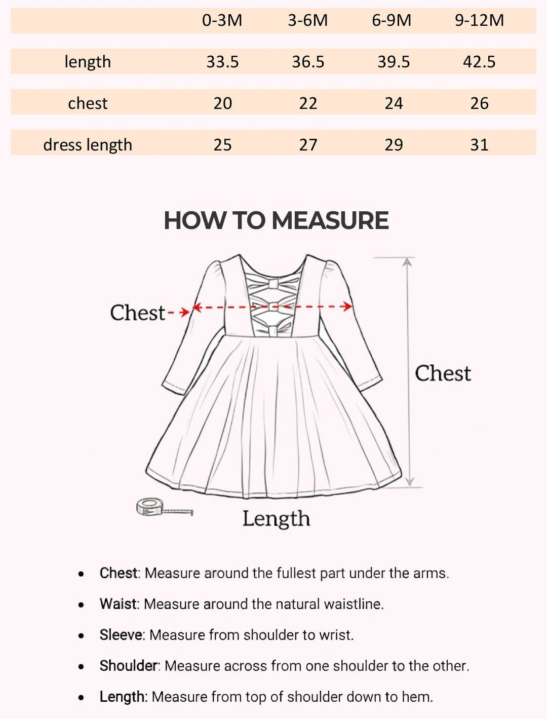 Size Chart for Ruffle Romper and Bow Skirt