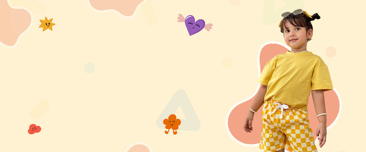 Child wearing a yellow shirt and checkered shorts on a colorful abstract background