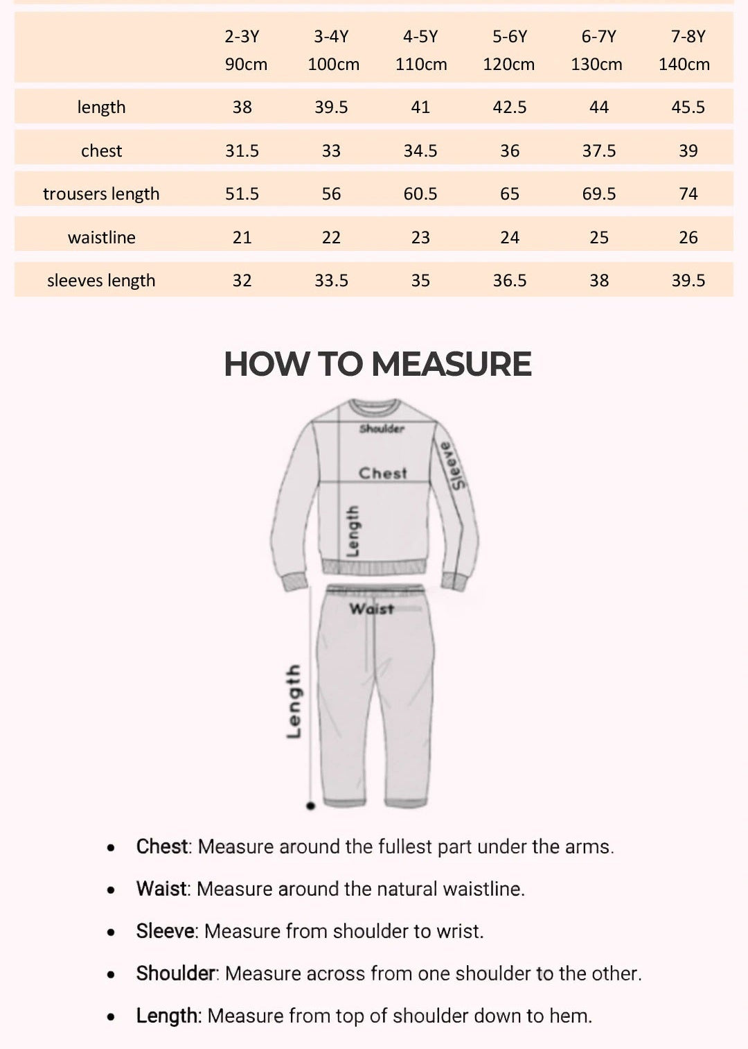 Size Chart for Long Sleeve Linen Cotton Set