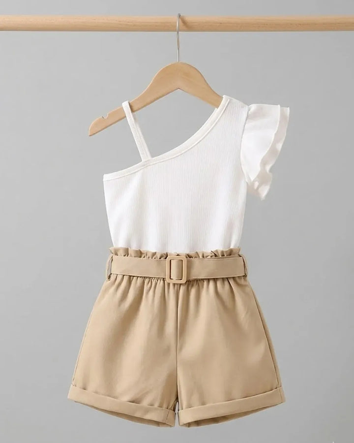 2pcs One-Shoulder Top & Belted Shorts Set for Girls