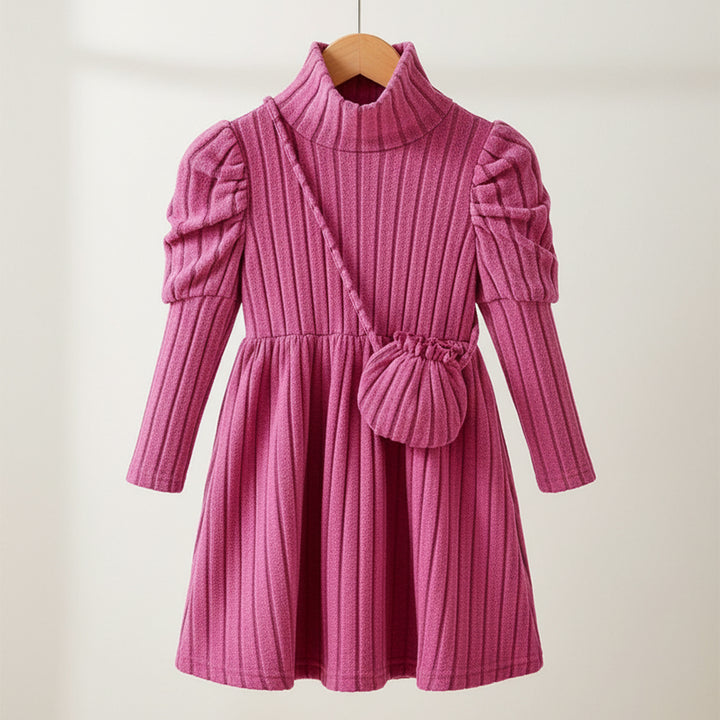 Pink ribbed dress with a matching bag on a hanger against a white background