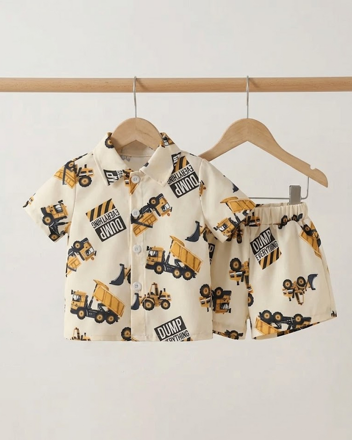 Cartoon Crane Truck Print Woven Summer Set for Boys