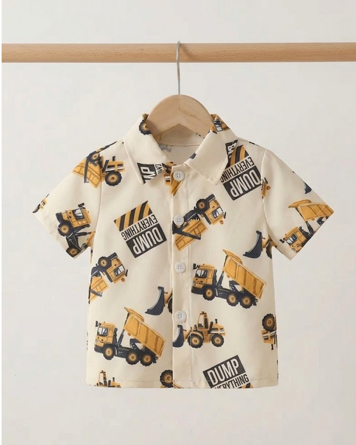 Cartoon Crane Truck Print Woven Summer Set for Boys