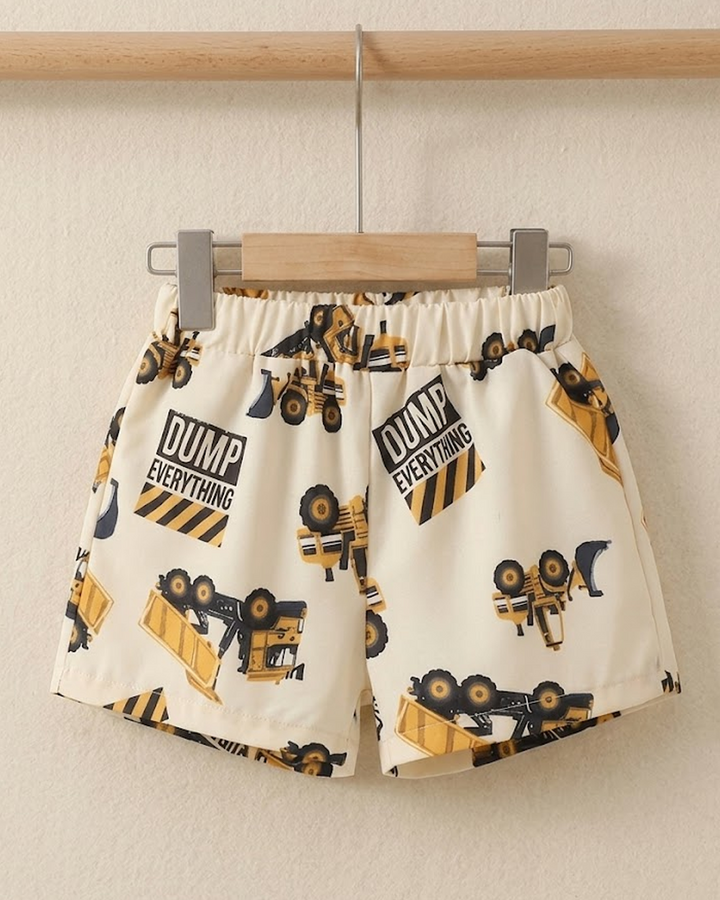 Cartoon Crane Truck Print Woven Summer Set for Boys