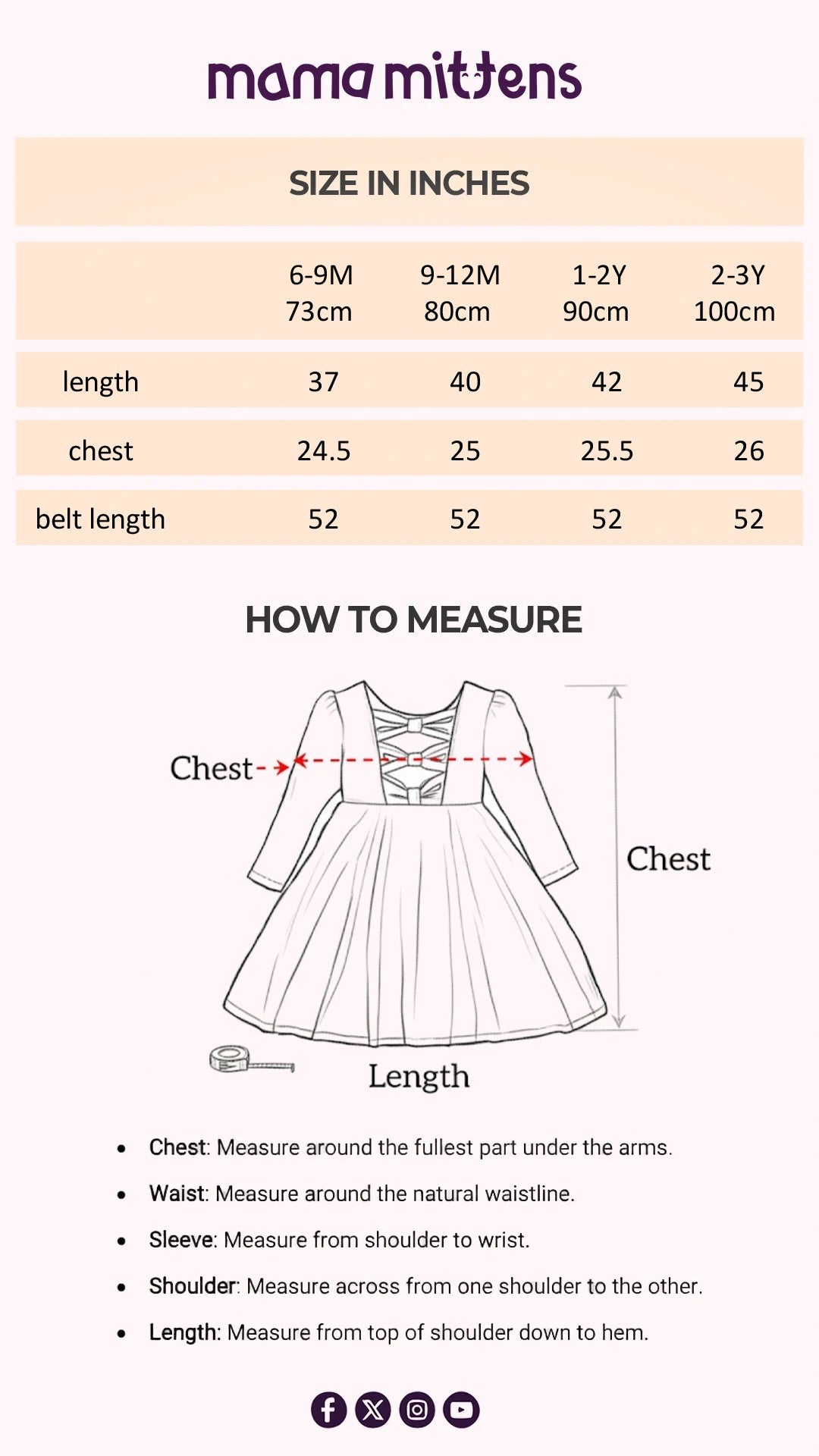 Size Chart for Mesh Princess Dress