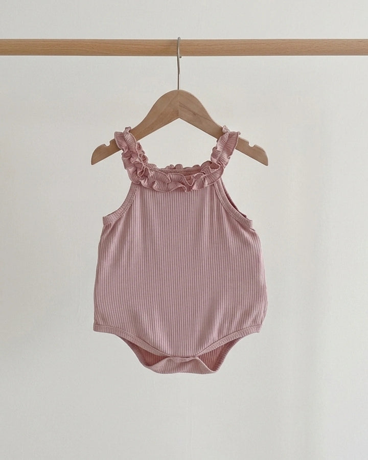 Ruffle Strap Ribbed Baby Romper