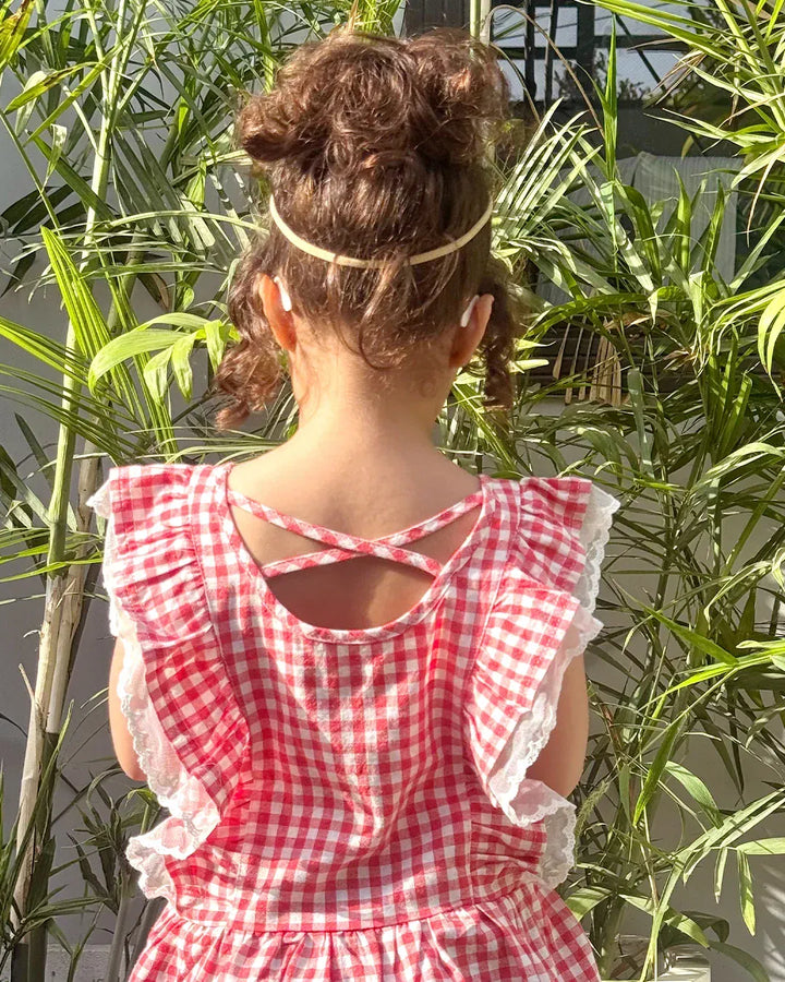 Child wearing a red and white checkered dress with ruffled sleeves and bottom, standing in front of green plants.