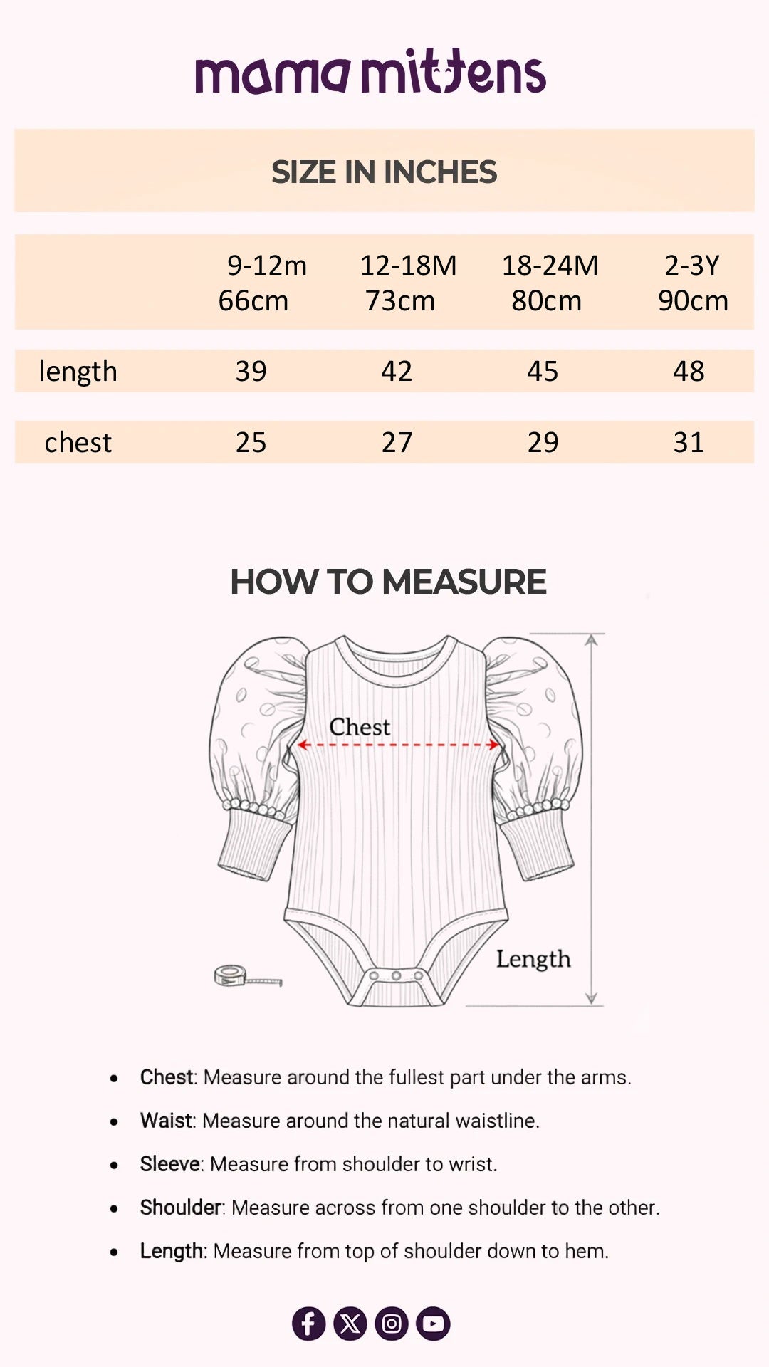 Size Chart for Floral Long Sleeve Headband Set