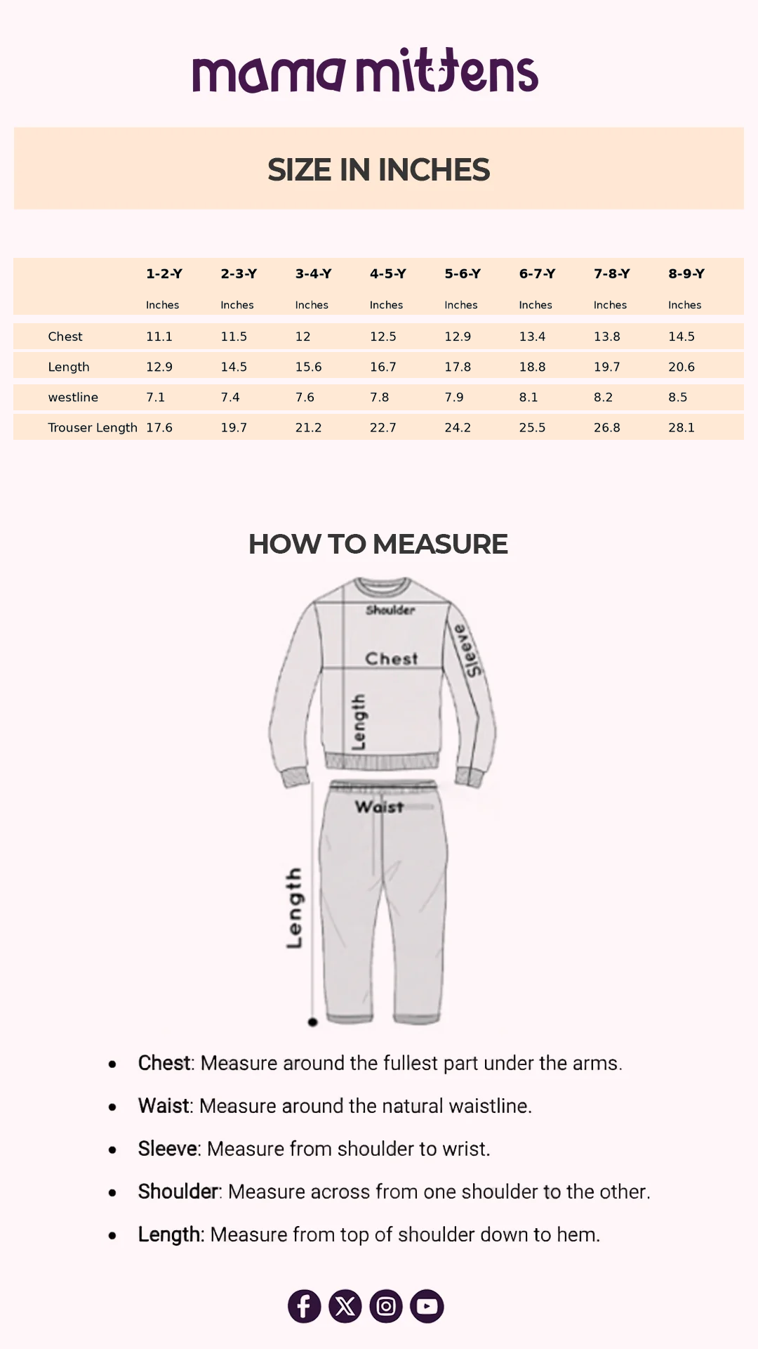 Size Chart for Blueberry Fleece Loungewear