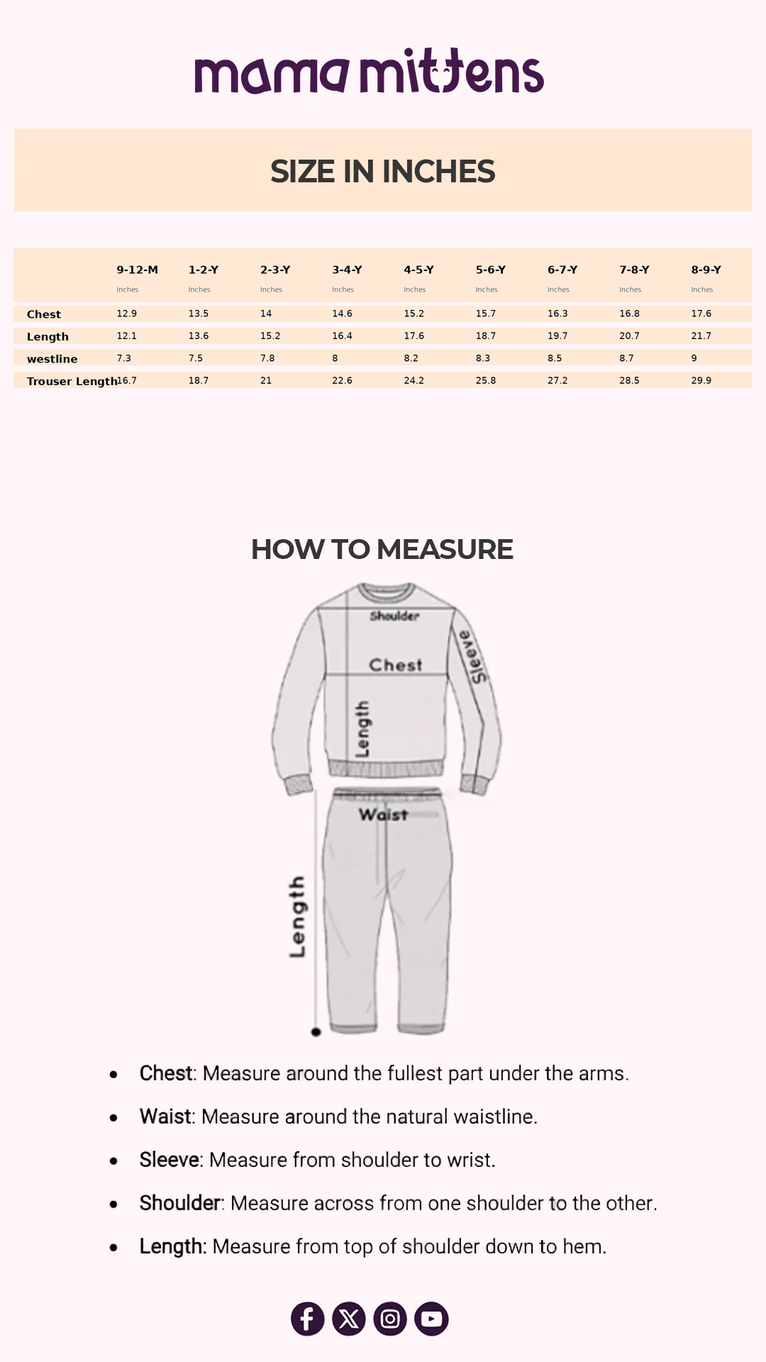 Size Chart for Blush Bow Snuggle Set