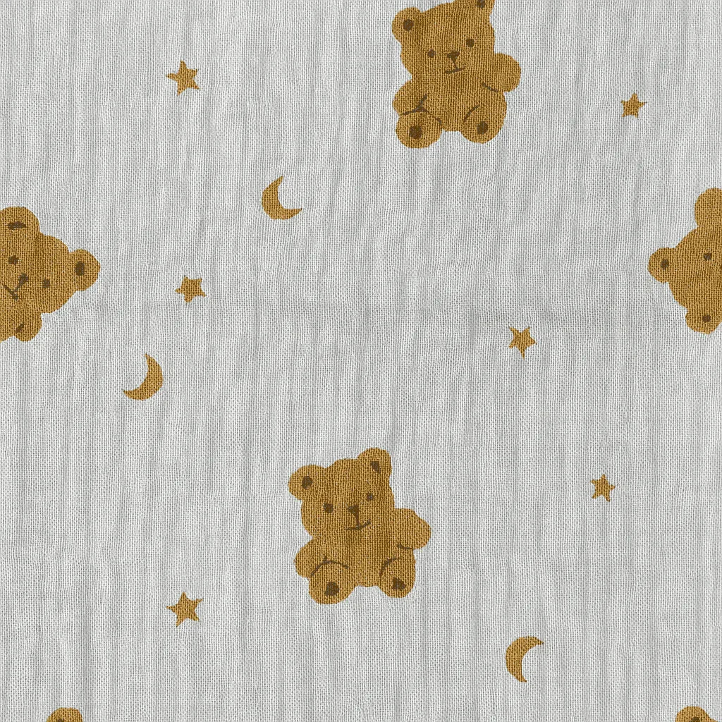 Pattern of brown teddy bears and stars on a light gray background