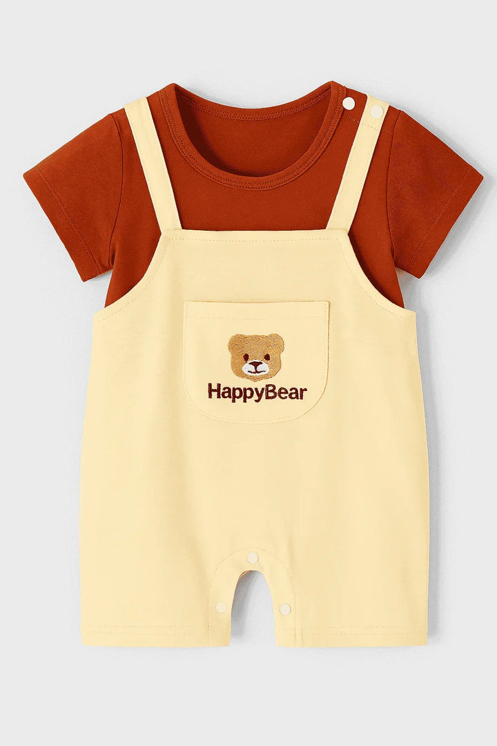 Baby romper with 'HappyBear' logo on a white background