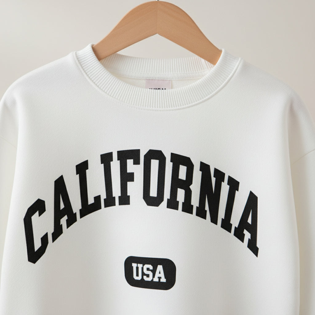 White sweatshirt with 'California USA' text on a hanger against a white background