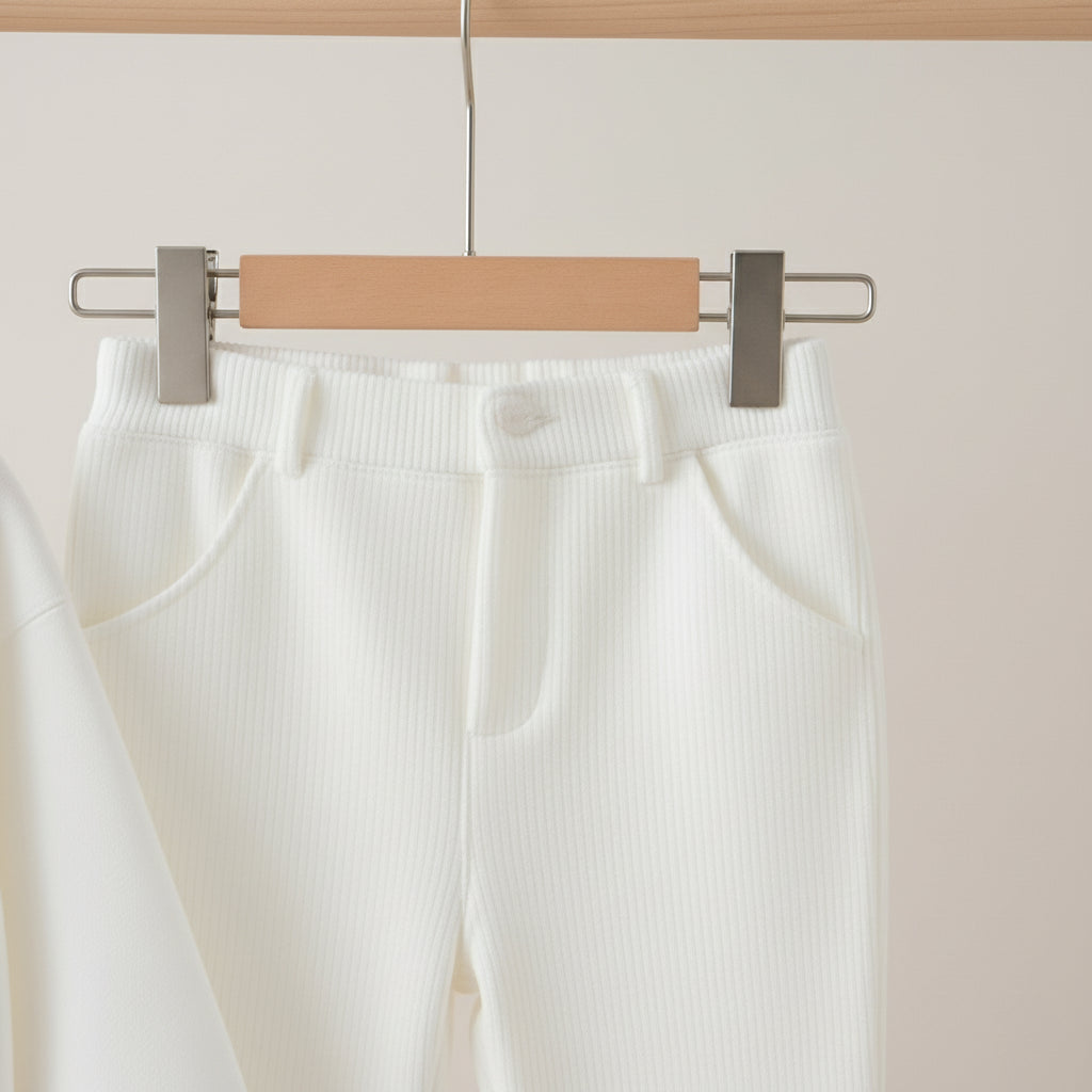 White pants on a hanger against a neutral background
