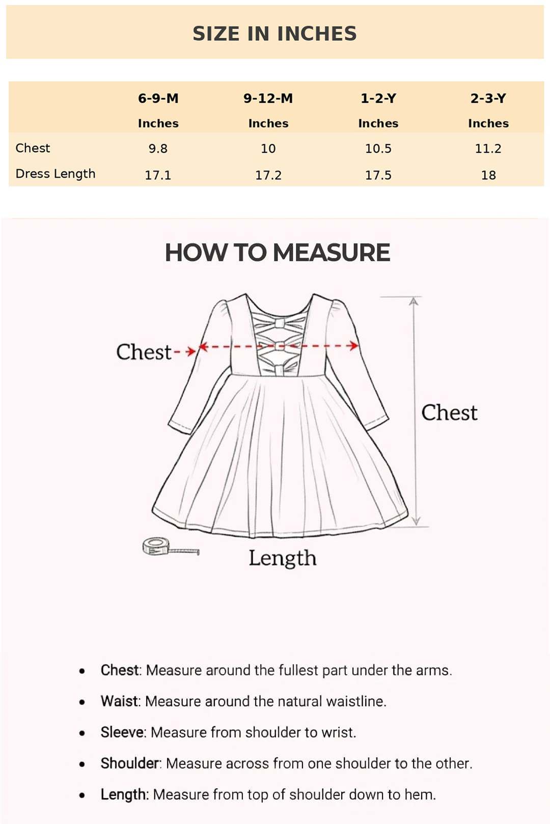 Size Chart for Diana Mesh Princess Dress