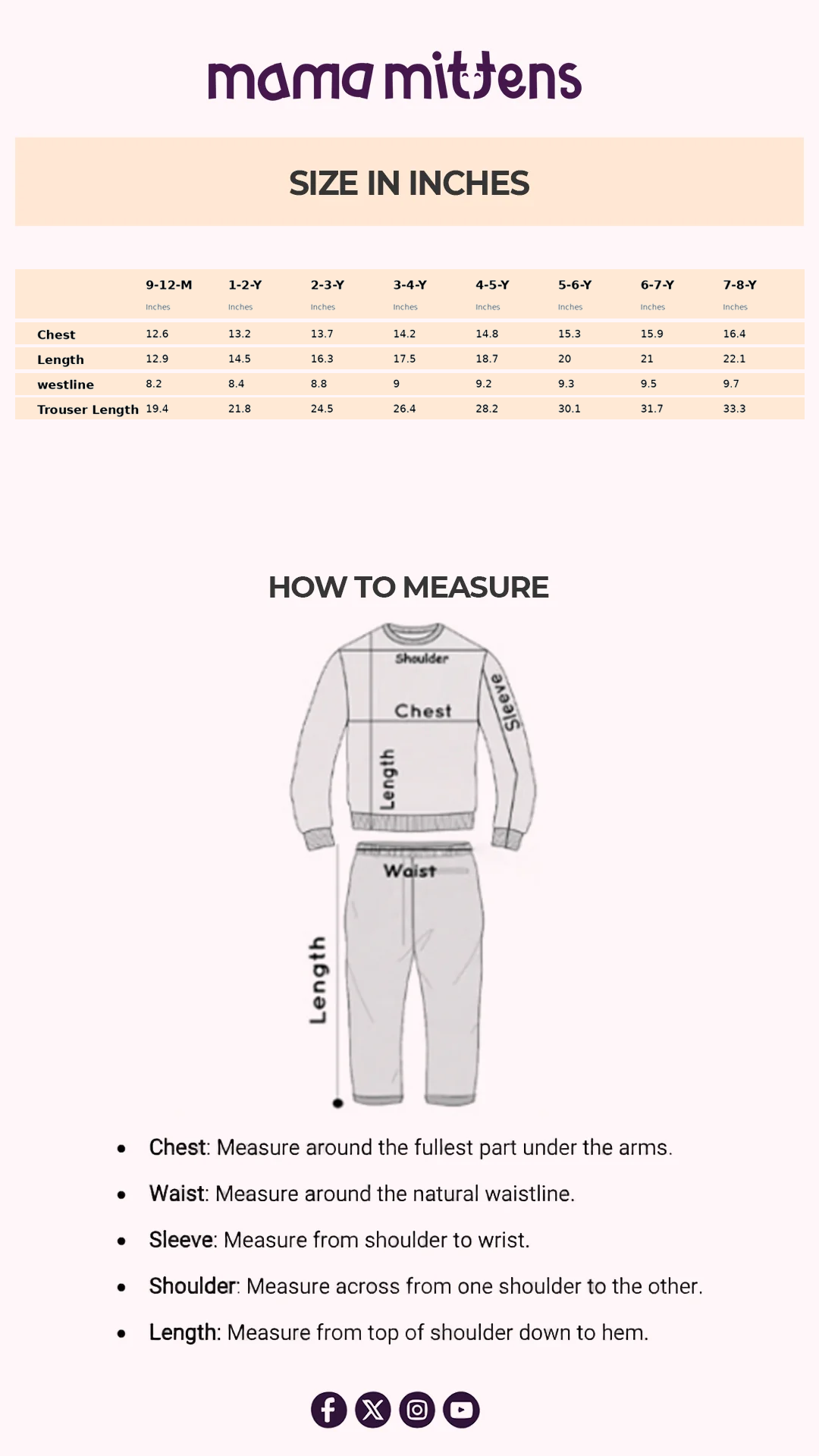 Size Chart for Dino Dreamer Loungewear