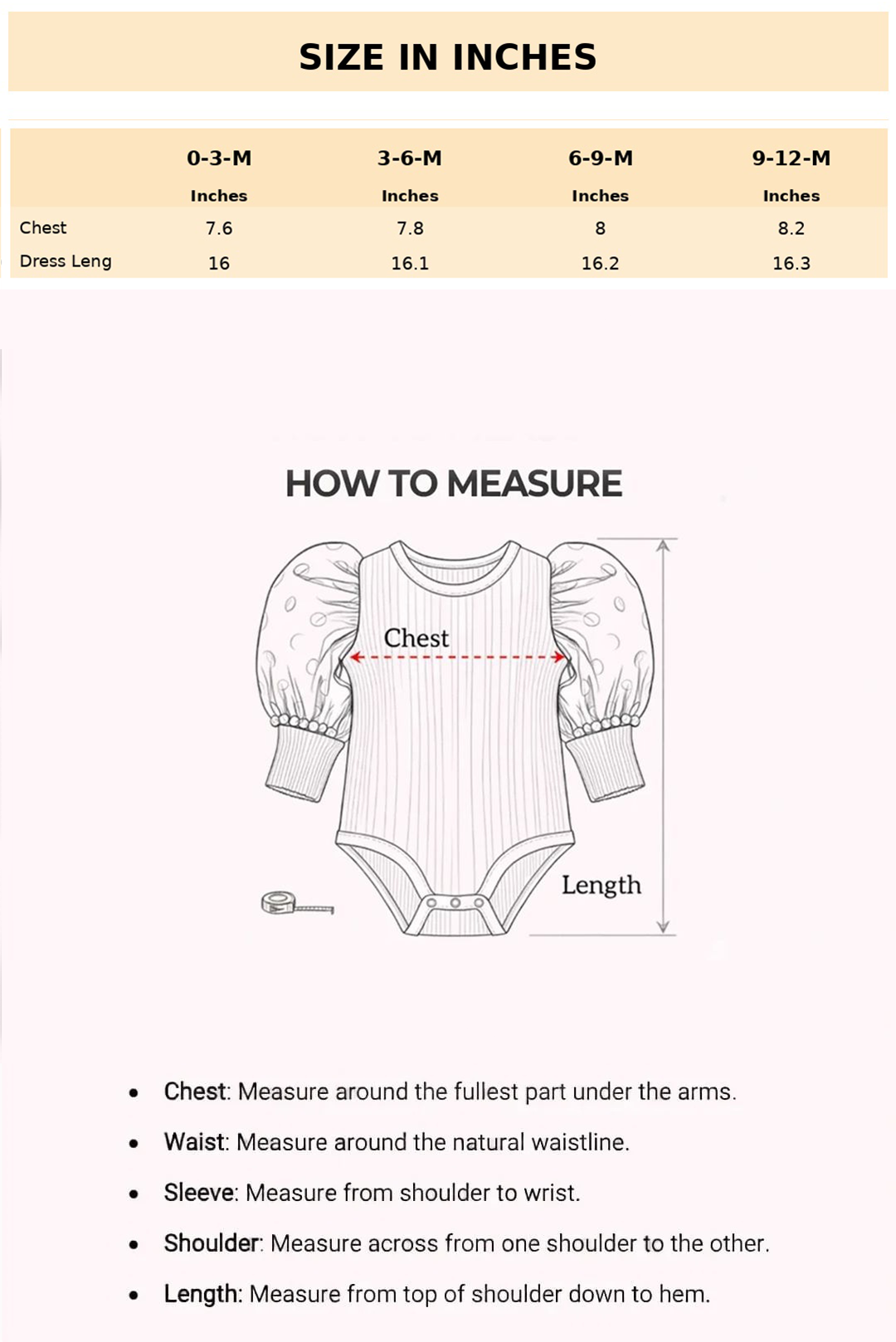 Size Chart for Elara Petal Romper Dress
