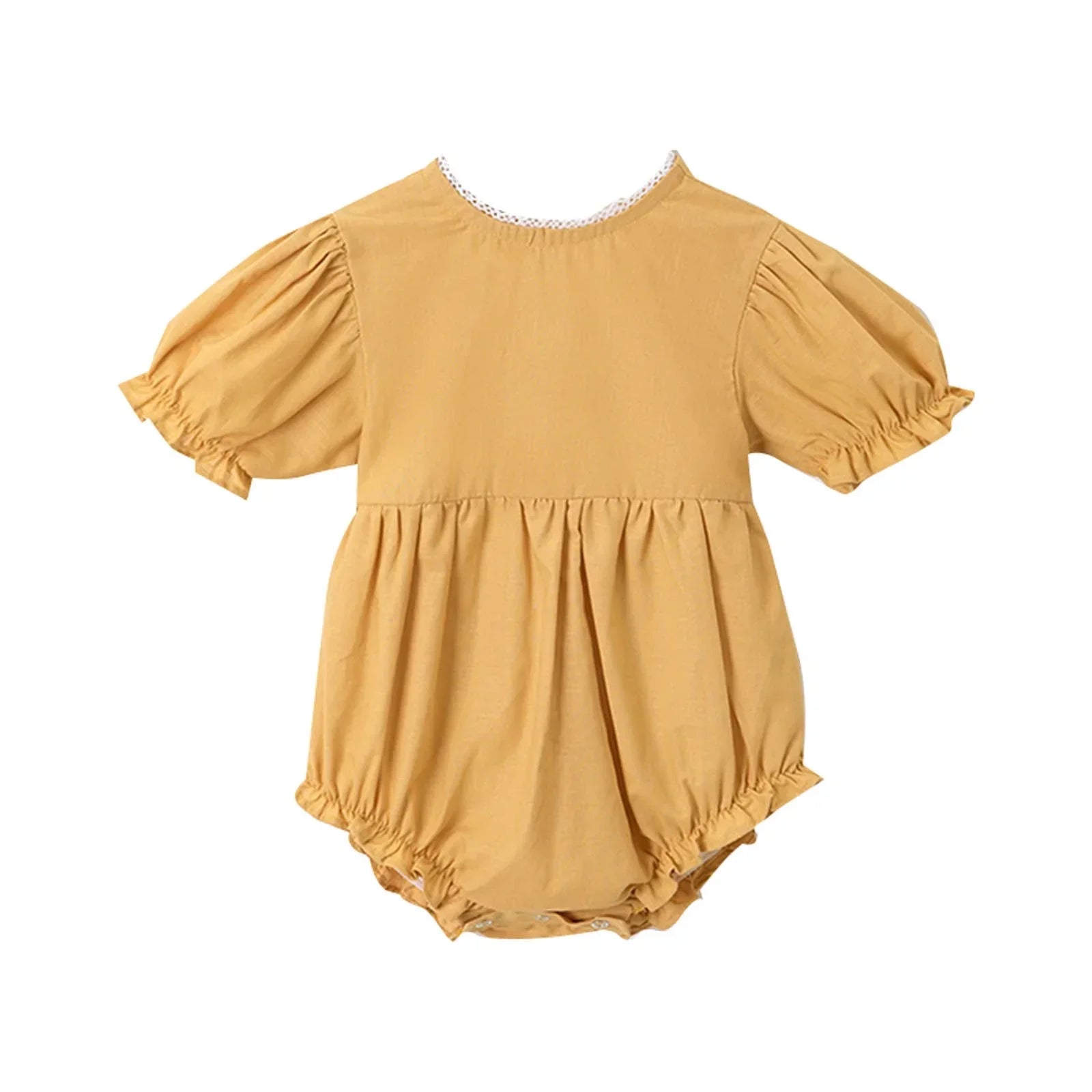 Yellow baby romper with ruffled sleeves on a white background
