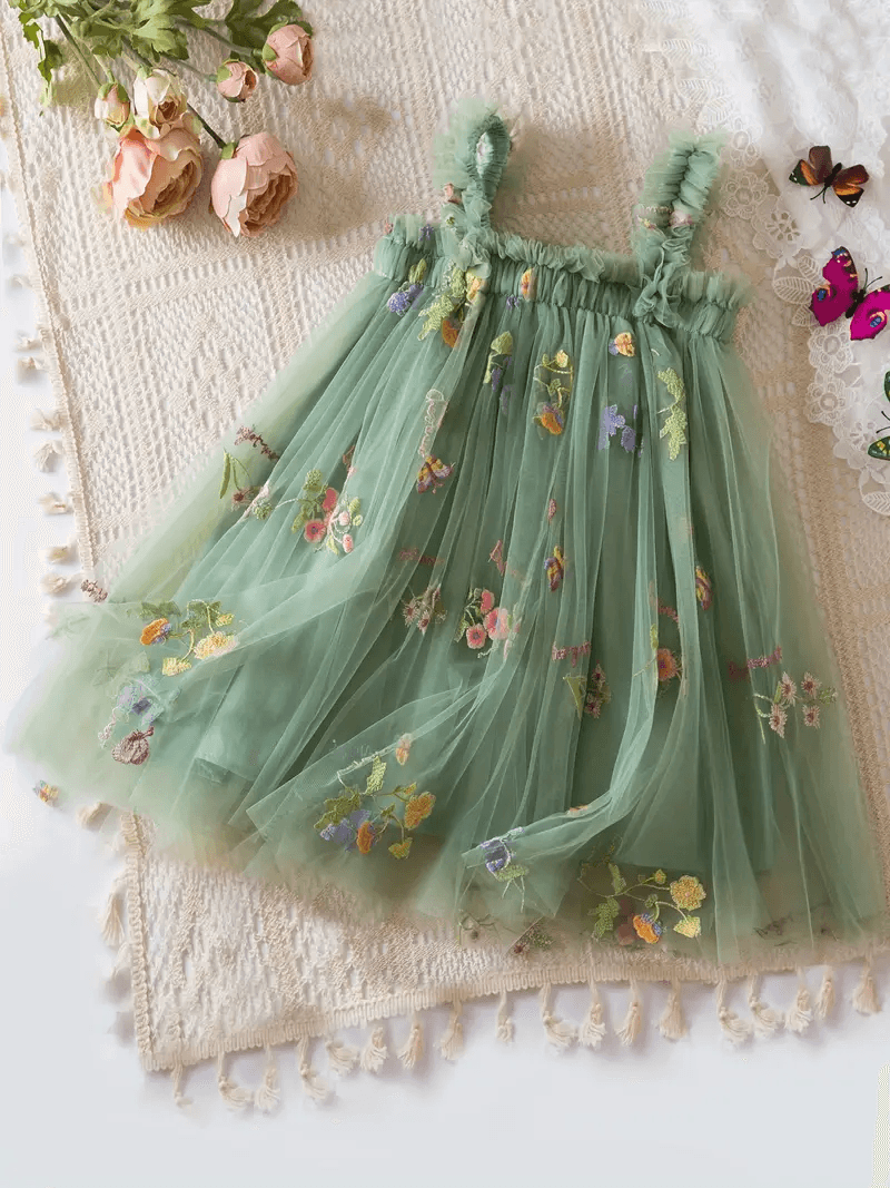 Flower Embroidered Mesh Dress for Girls